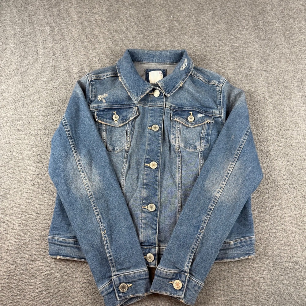 SO Denim Jacket Girls Size Large Blue Distressed Button Up Trucker Jacket